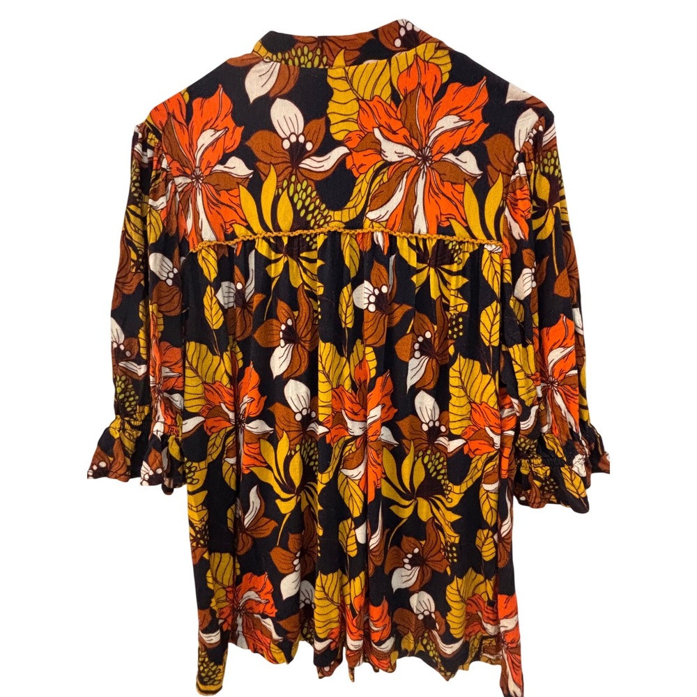 Blank London Floral Boho Tunic Top XL Orange Yellow V-Neck Embroidered Ruffle - Picture 3 of 5